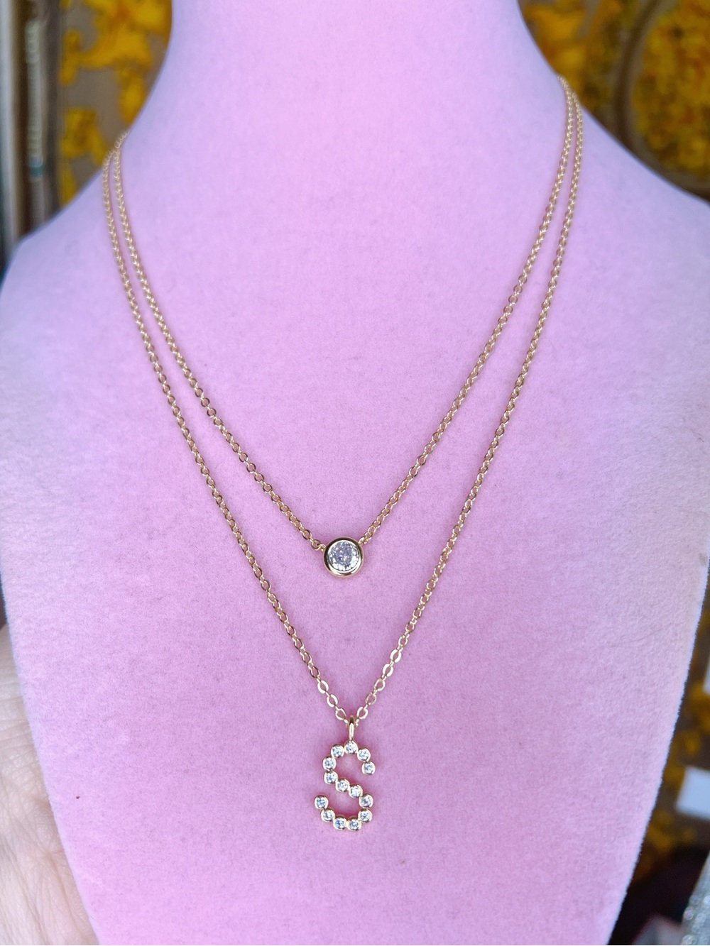 18k yellow gold filled S initial 💎 CZ diamond bezel set layered necklace letter